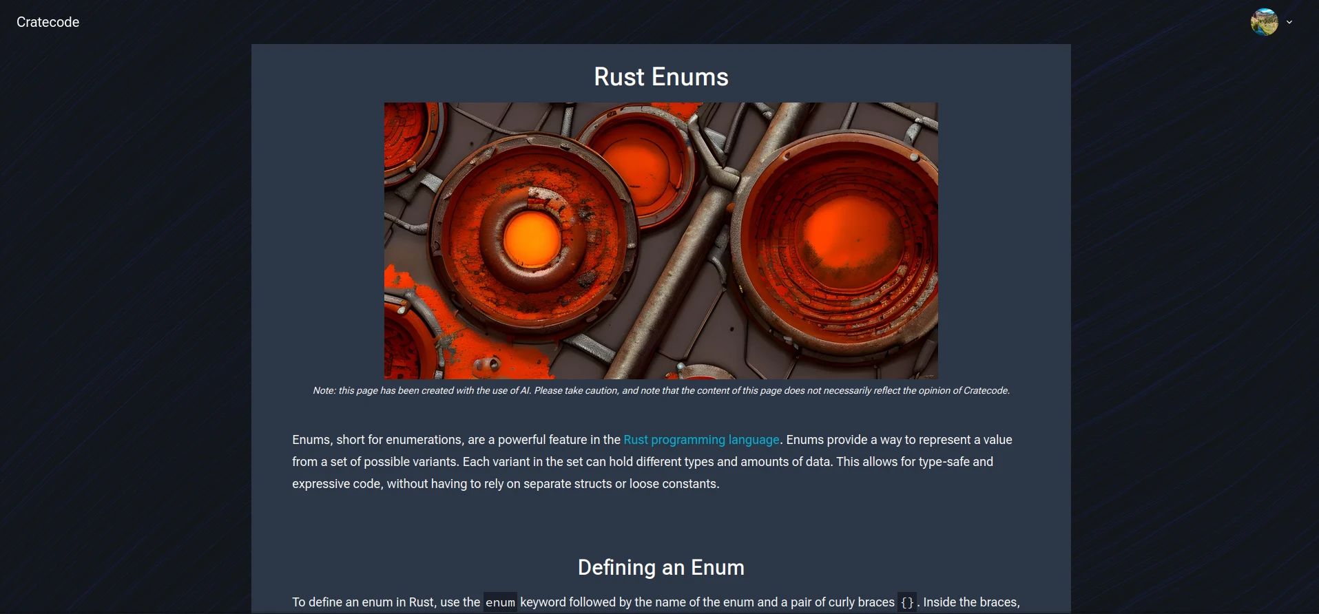 A screenshot of an AI-generated article on Cratecode about Rust Enums