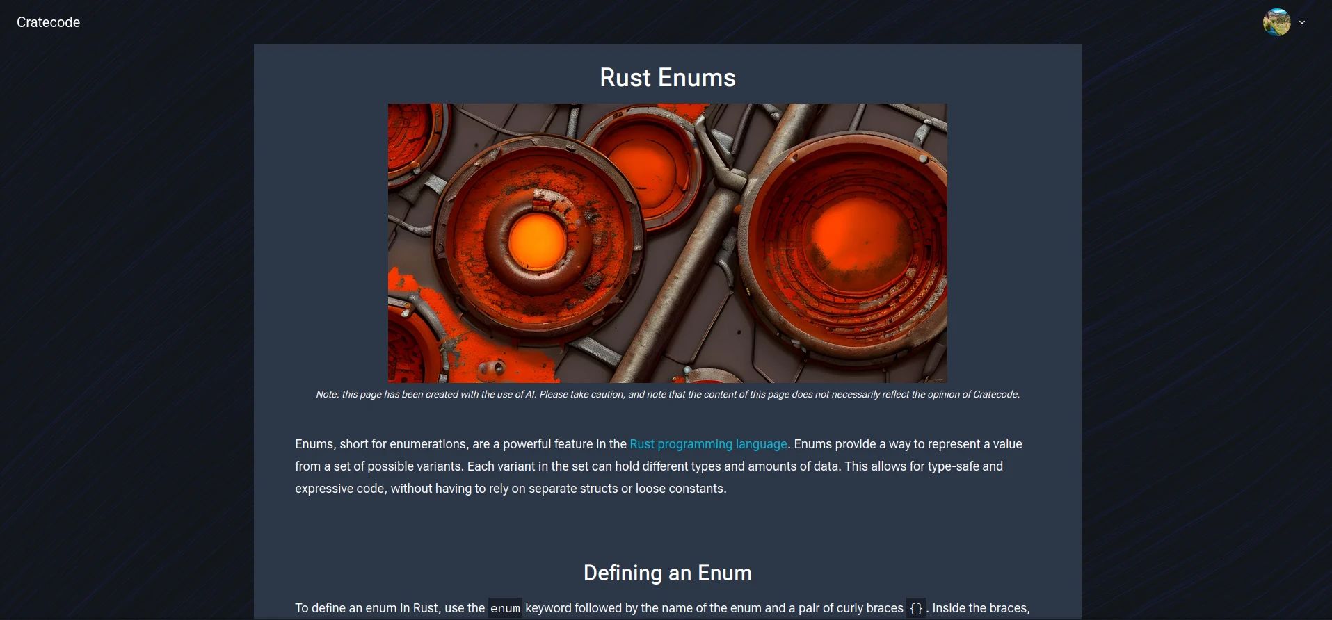 A screenshot of an AI-generated article on Cratecode about Rust Enums