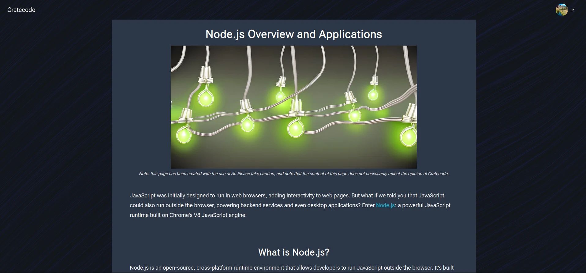 A screenshot of an AI-generated article on Cratecode about Node.JS