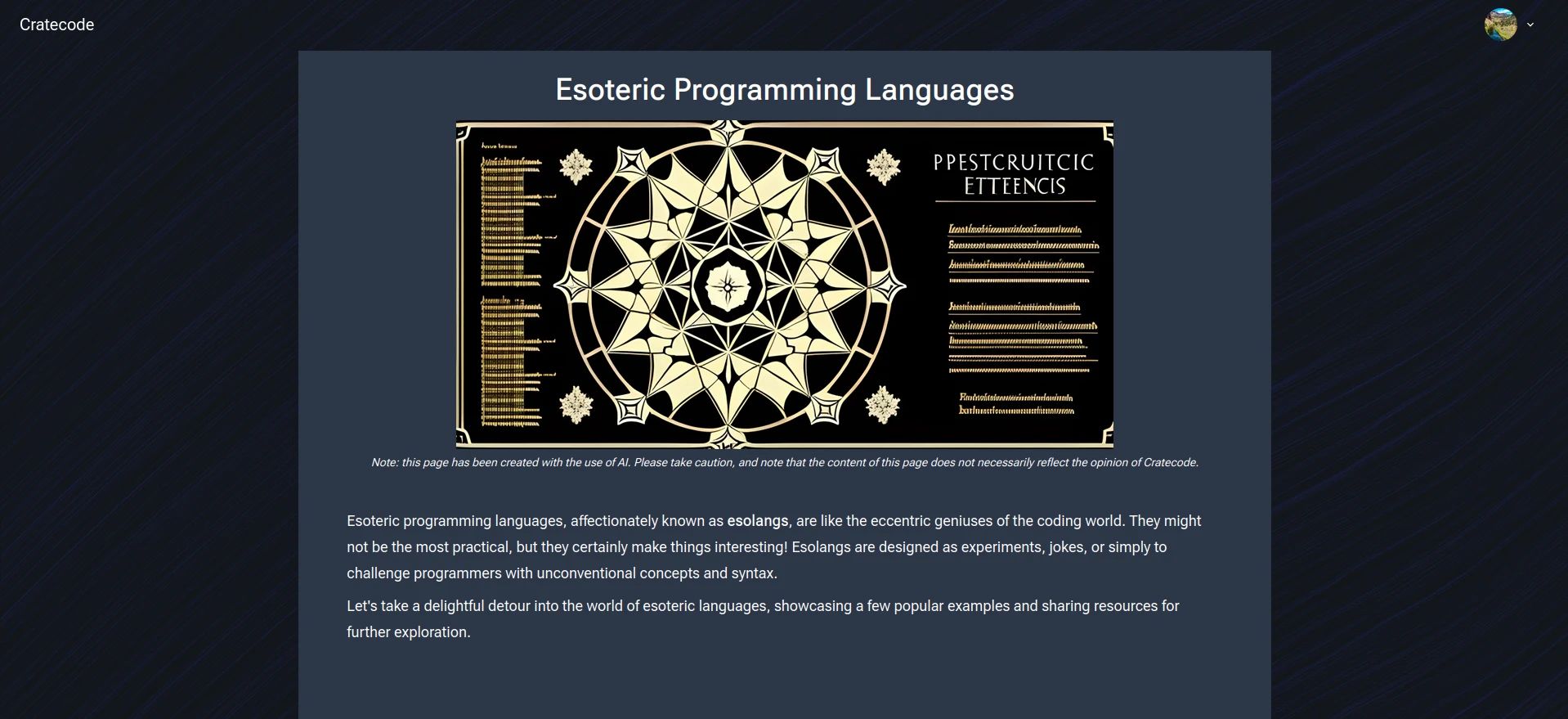A screenshot of an AI-generated article on Cratecode about esoteric programming languages